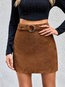 GENKIRA Cao eo Thắt lưng Vải to sợi Váy - Cà phê nâu - Xem 4