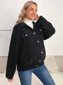 SHEIN 孕妇落肩翻盖口袋泰迪外套，适合冬季 - 黑色 - 查看 5