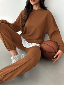 EURMUSE Drop Shoulder 2 In 1 Sweatshirt & Sweatpants - Camel - View 3