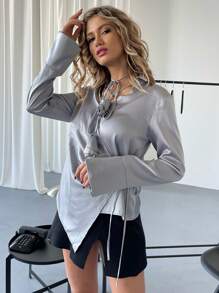 SHEIN Privé Camisa unicolor bajo asimétrico - Gris - Ver 3