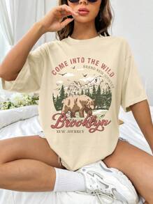 SHEIN EZwear Mountain & Slogan Graphic Drop Shoulder Tee - Khaki - View 1