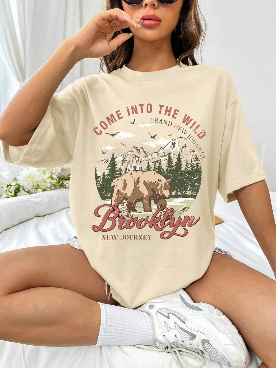 SHEIN EZwear Mountain & Slogan Graphic Drop Shoulder Tee - Khaki - View 1