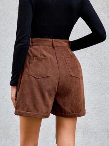 SHEIN Essnce 高腰拼接細節闊腿短褲 - 咖啡棕 - 查看 2