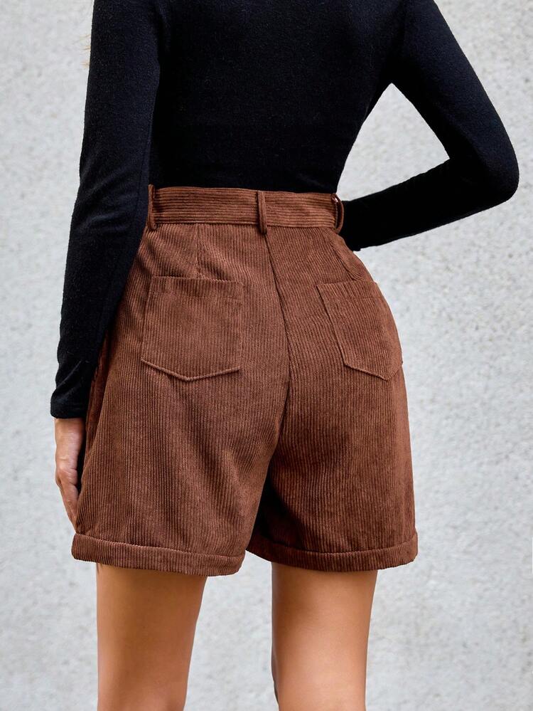 SHEIN Essnce 高腰拼接細節闊腿短褲 - 咖啡棕 - 查看 2