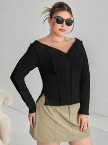 SHEIN Essnce Plus Solid Seam Detail Tee - Black - View 4