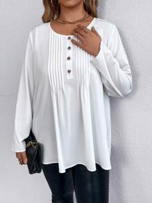 SHEIN LUNE Plus Button Front Pleated Detail Blouse - White - View 3