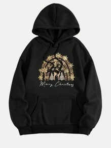 SHEIN EZwear Christmas Print Drop Shoulder Hoodie - Black - View 5