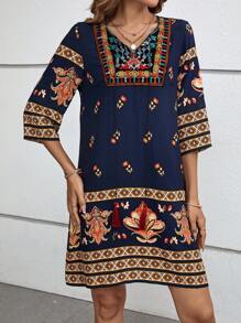 EMERY ROSE Vestido De Verano Con Cuello De Cordón Floral Y Borlas En Azul