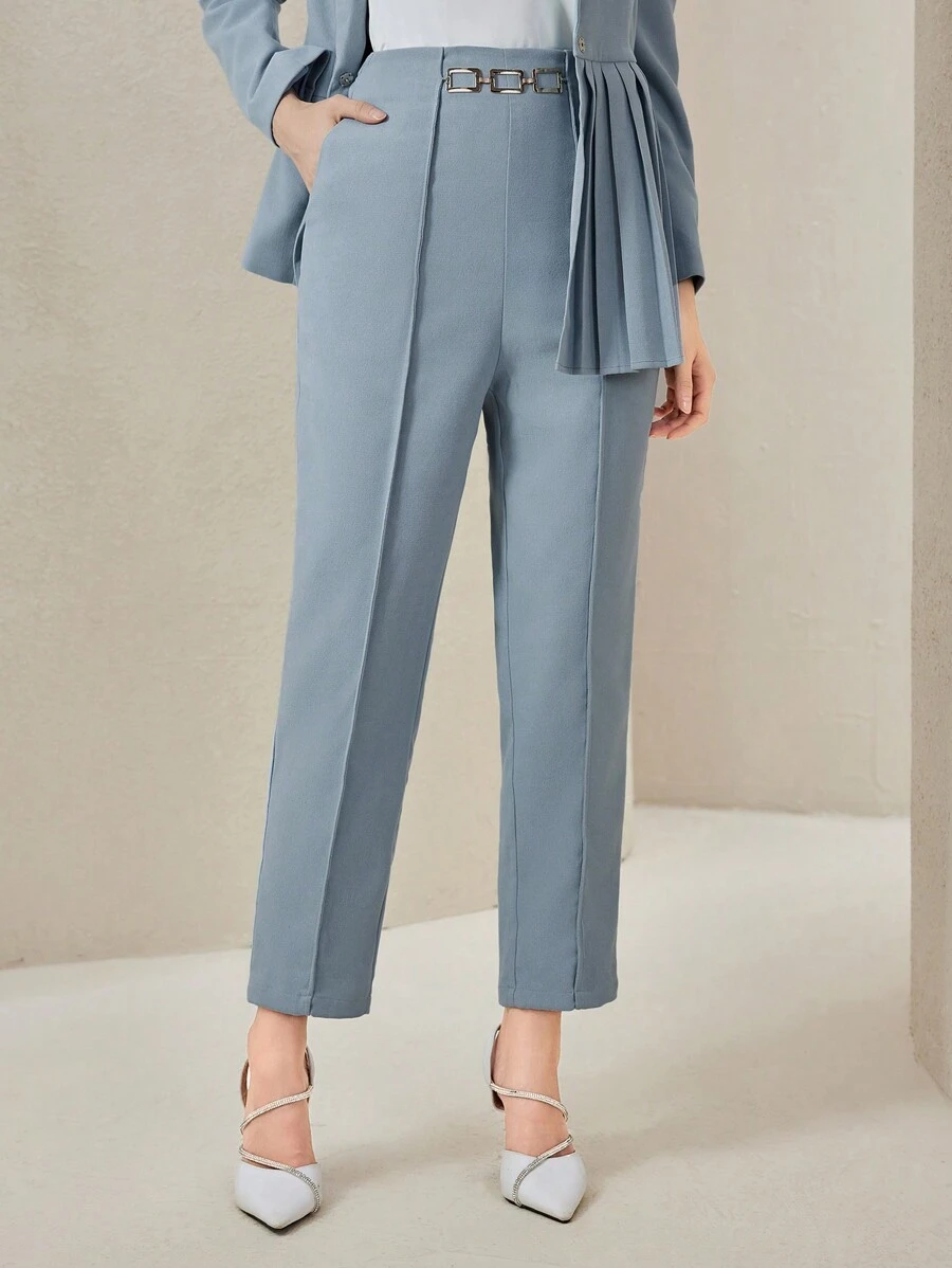 Modelyn Chi tiết chuỗi Mặt trước đường may Quần skinny Quần tây - Màu xanh bụi bặm - Xem 1