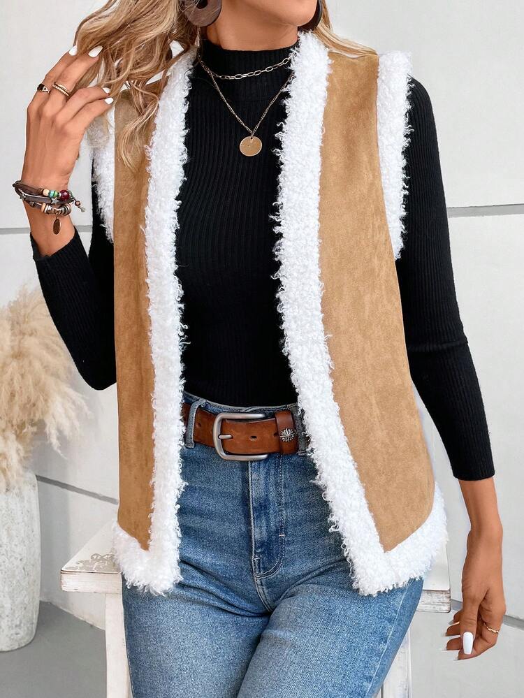 Contrast Color Frayed Vest Jacket