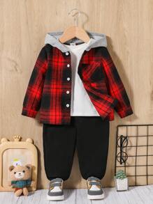 SHEIN 男嬰格紋印花連帽襯衫和褲子不帶T恤 - 彩色 - 查看 1