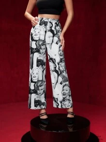 Marilyn Monroe X SHEIN Figure Graphic Wide Leg Pants - Black - View 4