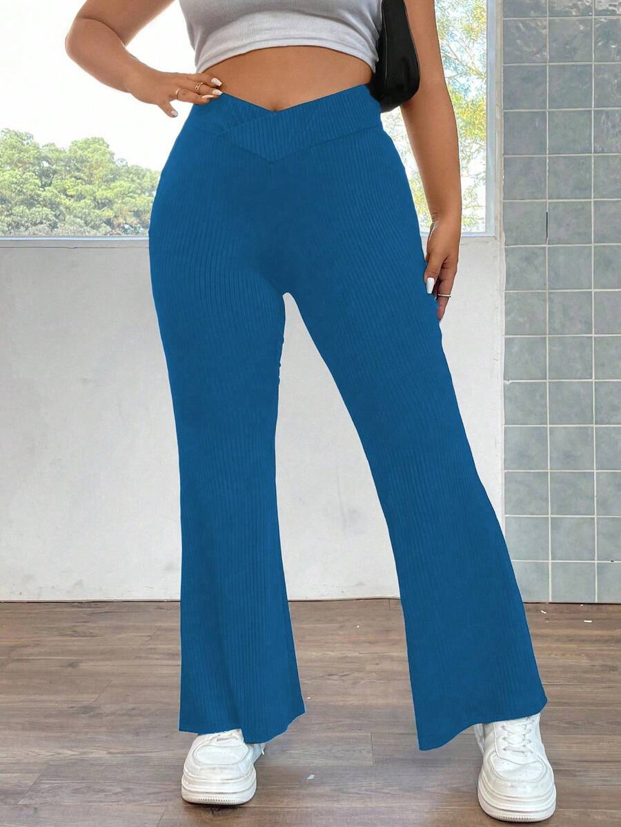 SHEIN ICON Plus Solid Flare Leg Pants - Royal Blue - View 1
