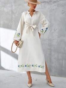 SHEIN VCAY 花卉刺繡燈籠袖高衩繫腰帶洋裝 - 米色 - 查看 6