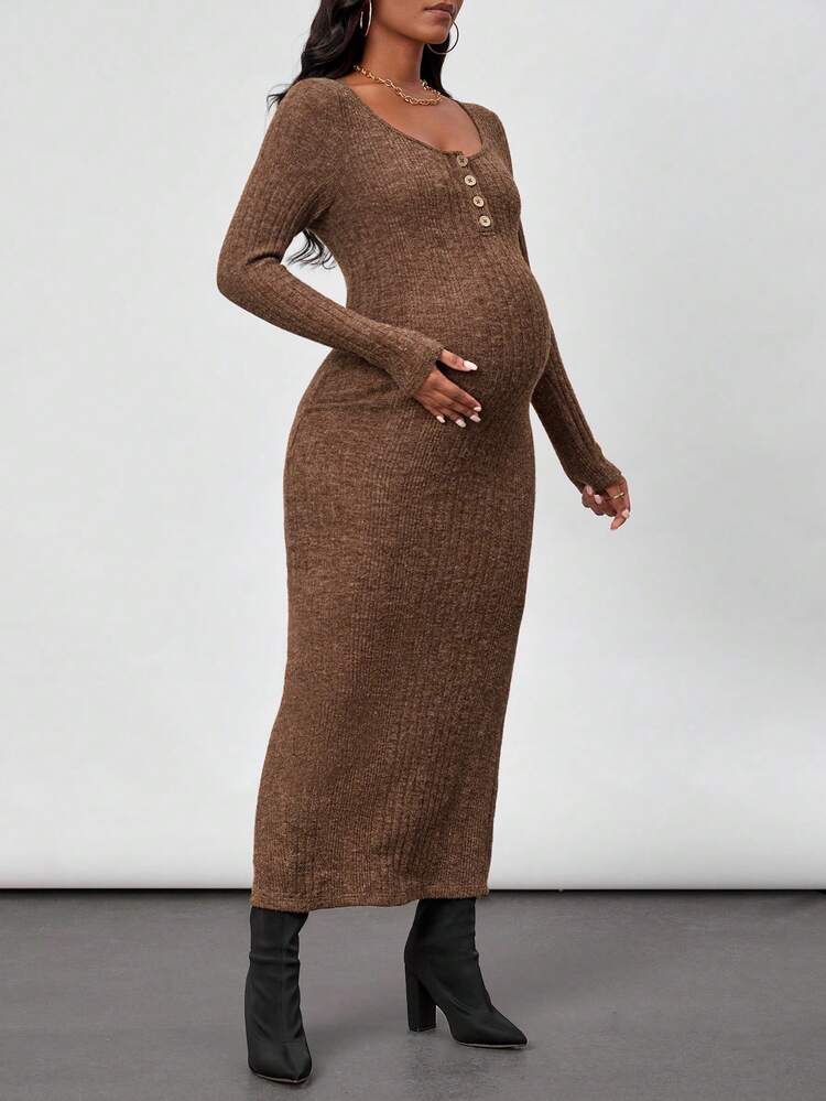 Maternity Marled Knit Button Front Dress