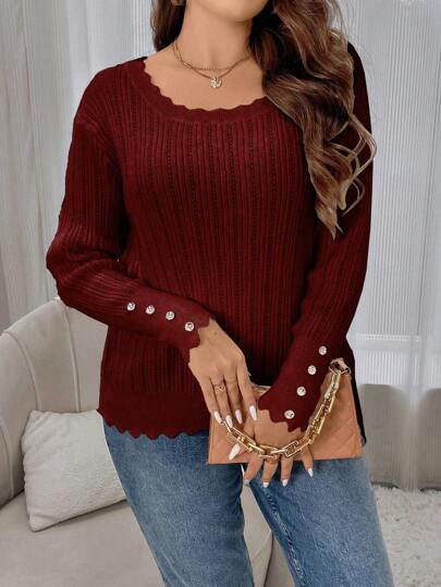 SHEIN Clasi Plus Button Detail Scallop Trim Sweater, Winter Knit Pullover Fall Sweater