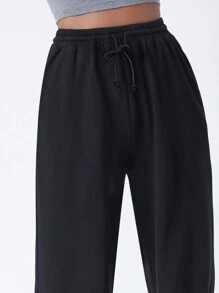 SHEIN BASICS Terry Fleece  Drawstring Waist Slant Pocket Palazzo Pants - Black - View 3