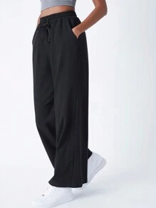 SHEIN BASICS Terry Fleece  Drawstring Waist Slant Pocket Palazzo Pants - Black - View 5