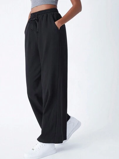 SHEIN BASICS سروال بالازو بخصر رباط مريح من الفليس القطني وجيوب مائلة