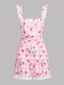 ROMWE Kawaii Women's Strawberry Check Print Overalls Jumpsuit