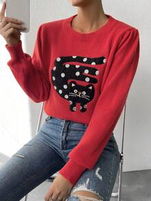 SHEIN Essnce Mô hình Cartoon Ống tay áo Áo len - Đỏ - Xem 4