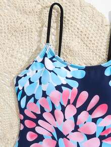 Tween Girl Floral Print One Piece Swimsuit - Blue - View 4