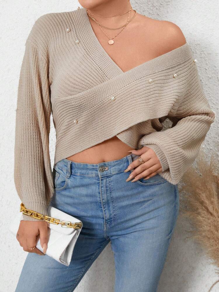 Plus Faux Pearls Beaded Crossover Drop Shoulder Crop Sweater Knit Pullover Fall Winter Sweater