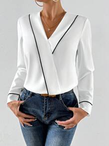 SHEIN Privé Blusa cruzada unido en contraste de cuello cruzado - Blanco - Ver 4