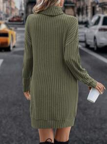SHEIN LUNE Cowl Neck Drop Shoulder Ribbed Knit Dress - Army Green - View 2