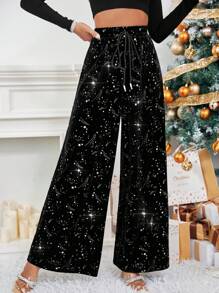 SHEIN Privé Galaxy Print Knot Waist Wide Leg Pants - Black - View 1