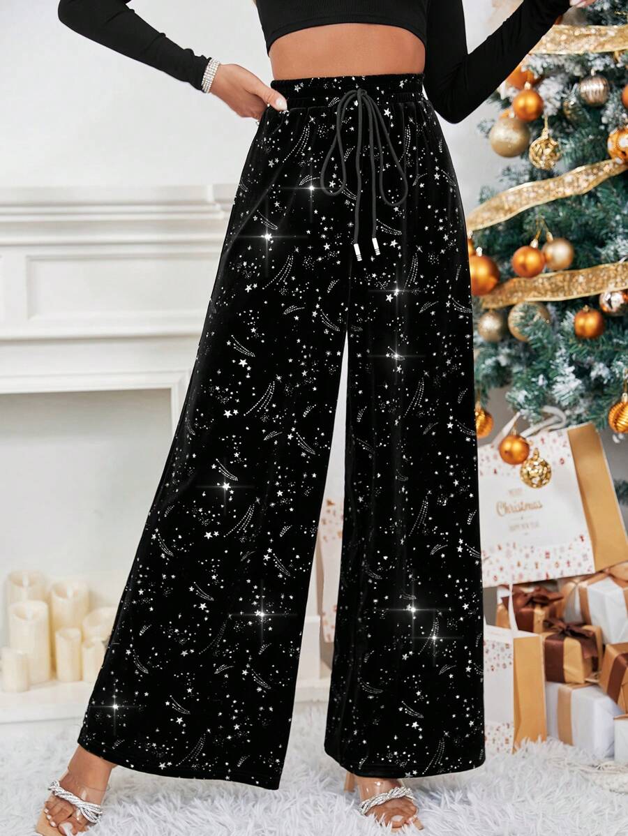 SHEIN Privé Galaxy Print Knot Waist Wide Leg Pants - Black - View 1