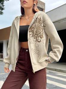 SHEIN EZwear In Đồ họa Dây kéo Thả vai Dây rút Lót nhiệt Hoodie - Màu Khaki - Xem 3