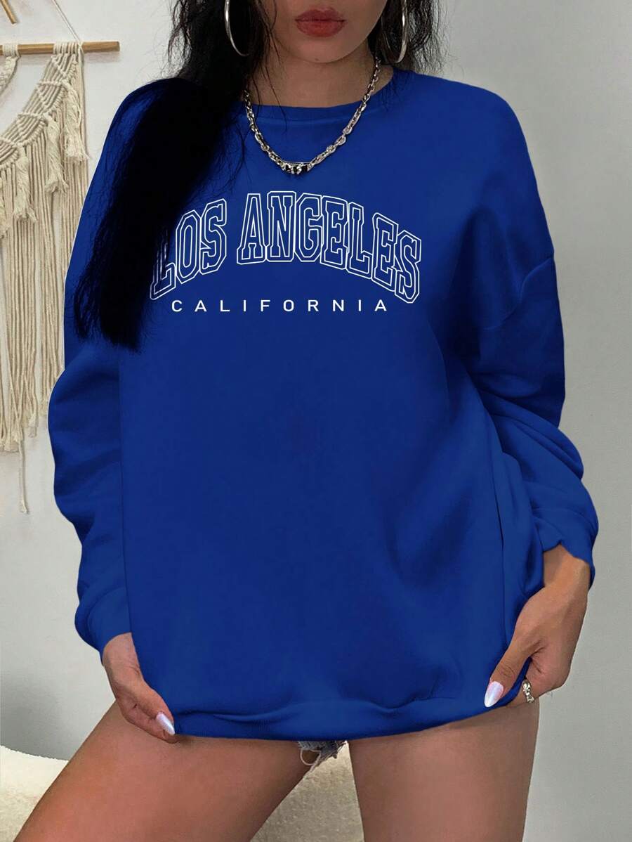 SHEIN EZwear 大碼字母圖案落肩袖運動衫 - 寶藍色 - 查看 1