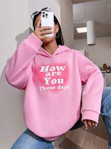 SHEIN Qutie Slogan Graphic Drop Shoulder Hoodie - Pink - View 5