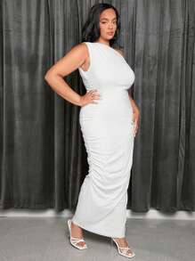 SHEIN SXY Talla grande Vestido de cuello asimétrico fruncido lateral bajo sirena - Blanco - Ver 5