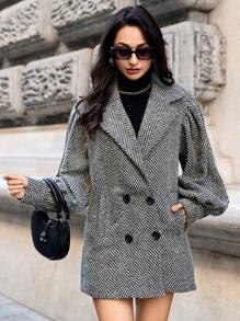 EURMUSE Herringbone Lantern Sleeve Woolen Coat - Multicolor - View 5