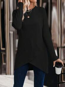 EMERY ROSE Solid Tulip Hem Tee Fall Cloth For Women - Black - View 3