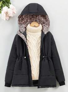 SHEIN Tween Girl 1 件抽绳腰部斜口袋连帽棉服外套 - 黑色 - 查看 1