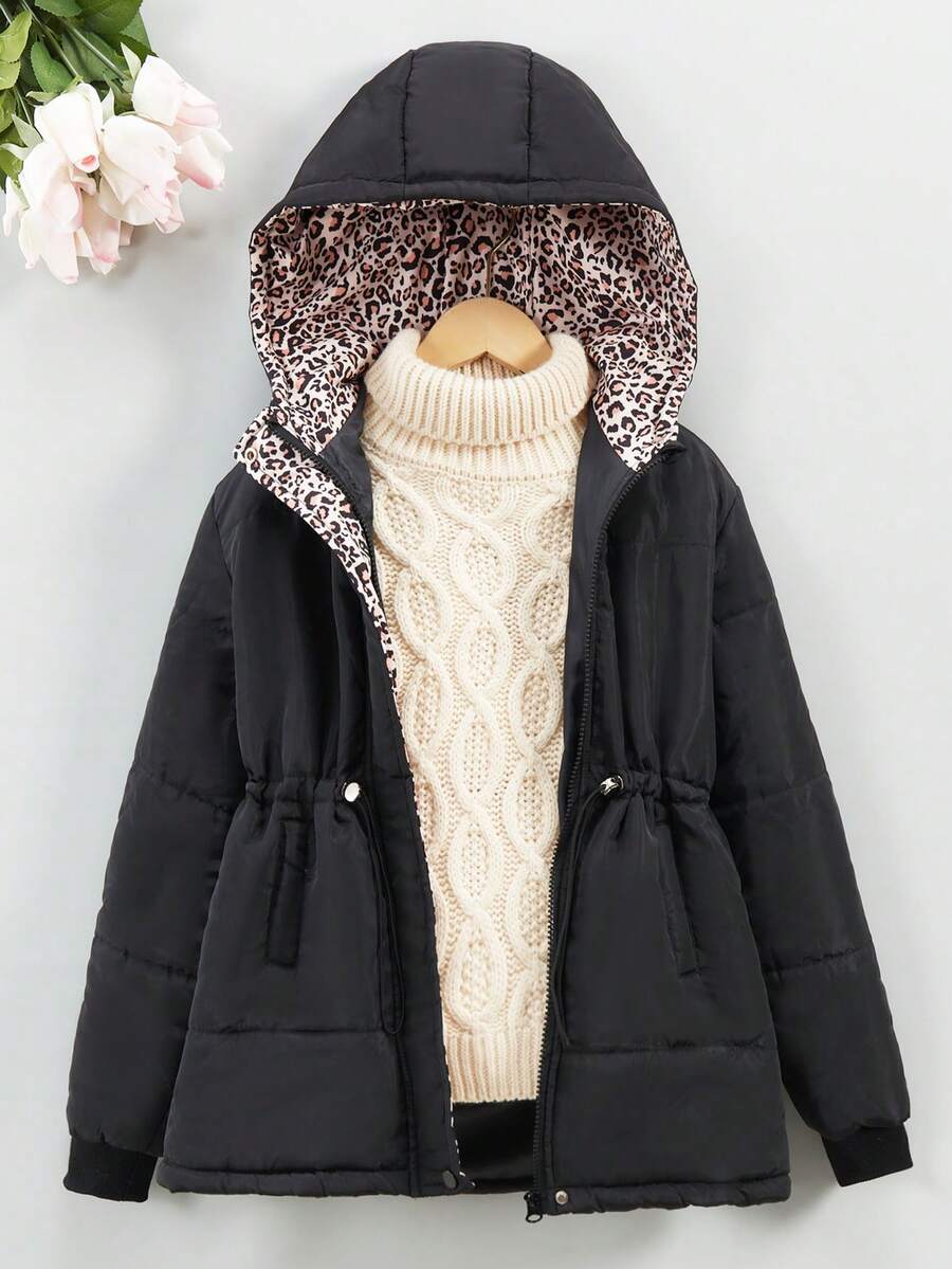 SHEIN Tween Girl 1 件抽绳腰部斜口袋连帽棉服外套 - 黑色 - 查看 1
