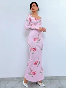 Aloruh In hoa Cổ Trái tim Nàng tiên cá Hem Váy bodycon - Hồng - Xem 5