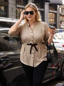 RueChic Plus Roll Tab Sleeve Drawstring Waist Blouse - Beige - View 5