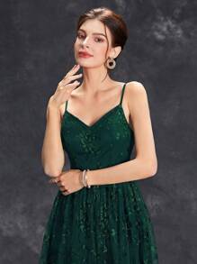 Contrast Sequin Mesh Elegant Cami Bridesmaid Dress - Dark Green - View 6