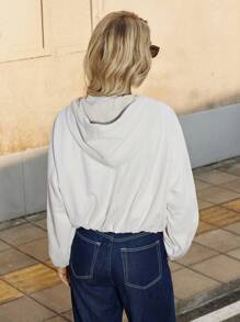 SHEIN Essnce Drop Shoulder Zip Up Drawstring Hooded Suede Jacket - Apricot - View 2