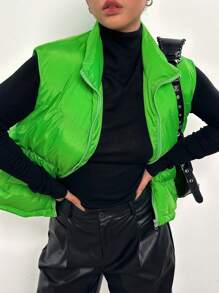 SHEIN EZwear Zip Up Puffer Vest Coat - Green - View 4