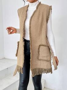 SHEIN Privé Dual Pocket Fringe Trim Belted Vest Overcoat - Khaki - View 3