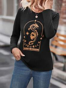 SHEIN LUNE 龍&字母圖案T恤 - 黑色 - 查看 6