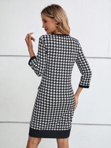 SHEIN LUNE Houndstooth Print Fitted Dress - Black and White - View 2