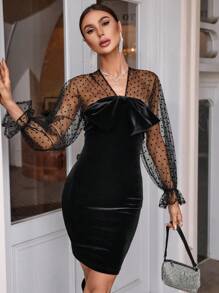 SHEIN Privé Lưới tương phản tay áo lá sen Nơ mặt trước Nhung Váy bodycon - màu đen - Xem 7