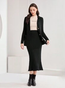 Seusyu Damen Farbblock Strickjacke und Rock Set 2-teiliges Set - Schwarz - Übersicht 1