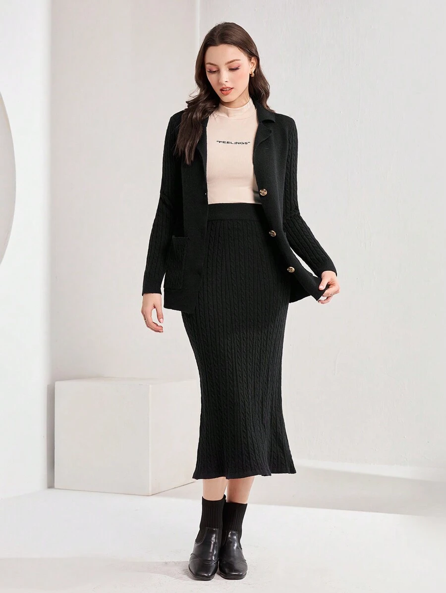 Seusyu Damen Farbblock Strickjacke und Rock Set 2-teiliges Set - Schwarz - Übersicht 1